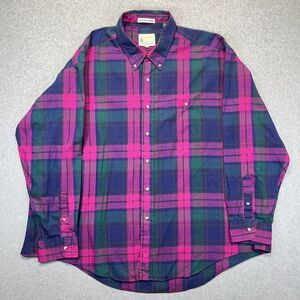 London Fog Button Down Shirt Men’s 3X Purple Green Plaid Long Sleeve Pocket